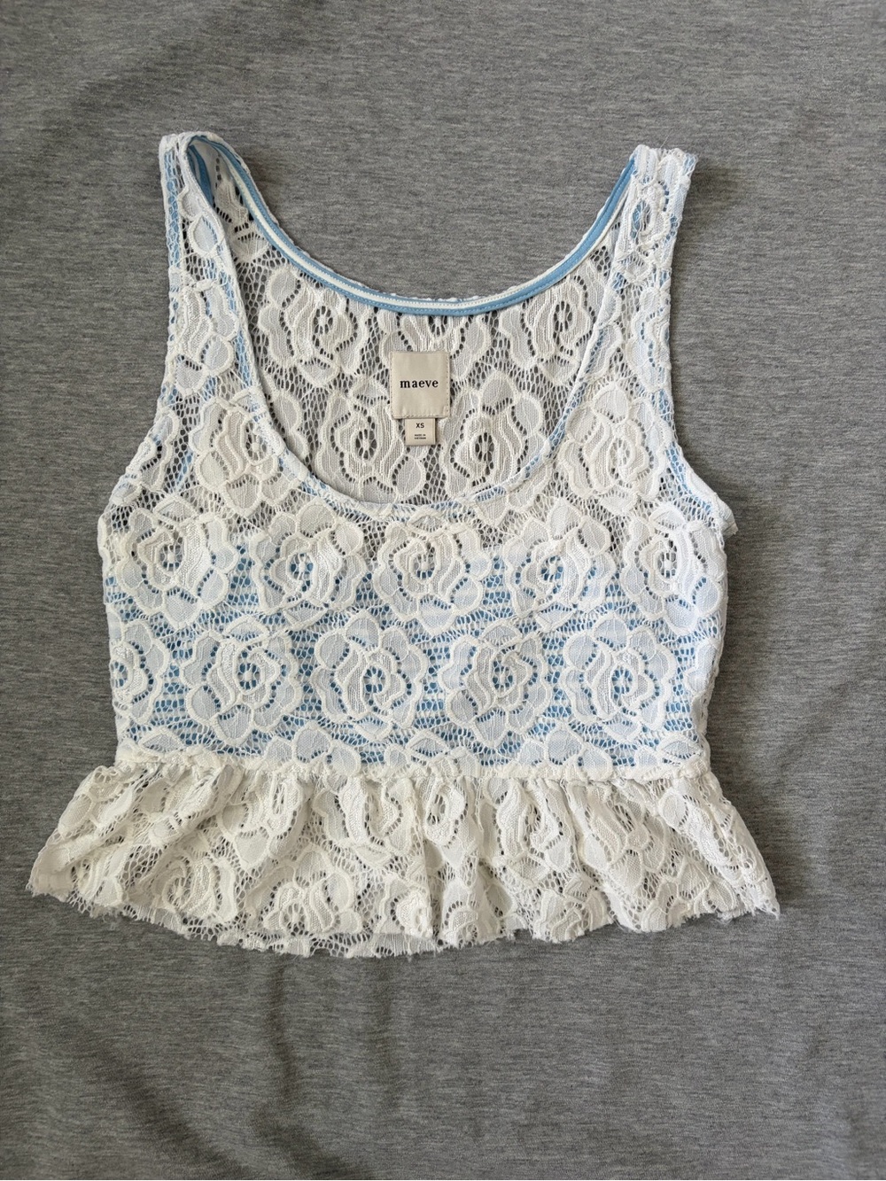 Maeve White Lace Crop Top with Light Blue Lining